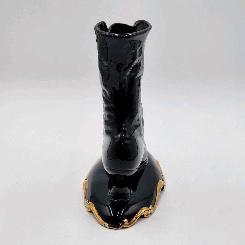 Vintage Ceramic Victorian Boot Vase Planter Black Gold Attributed Atlantic Mold
